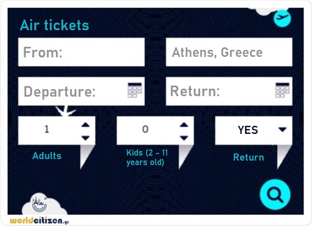 worldcitizen.gr air tickets searching form to Athens, Greece.