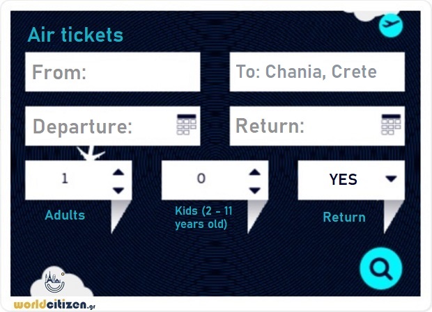 worldcitizen.gr air tickets searching form to Chania airport in Crete, the closest airport to Rethymno town.