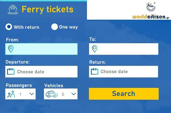 worldcitizen.gr Ferry tickets search engine form.