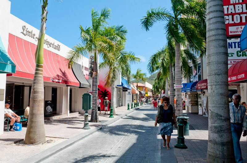 Commercial road at Philipsburg, at Saint Martin in Caribbean.